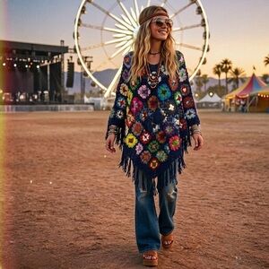 Vintage Handmade Crochet Granny Poncho Fringe  Navy Blue Boho Festival